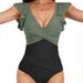 Women's Clothing Solid Color Splicing Ruffled One Piece Swimsuit Triangle Gathered Deep V Swimsuit_ecoleips.com