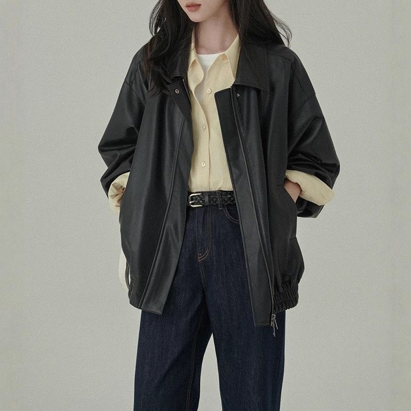 Women's Minimalist Soft Drape Leather Jacket Sweet Cool Style Entry Level Restaurant Classic Autumn Jacket_ecoleips.com