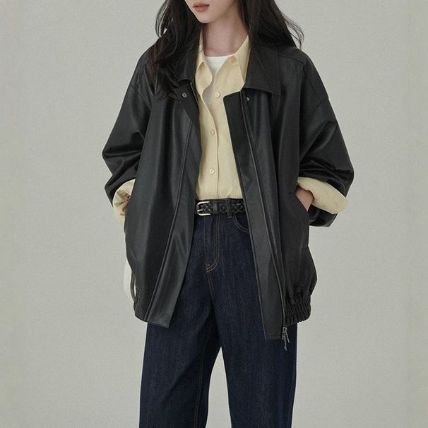 Women's Minimalist Soft Drape Leather Jacket Sweet Cool Style Entry Level Restaurant Classic Autumn Jacket_ecoleips.com