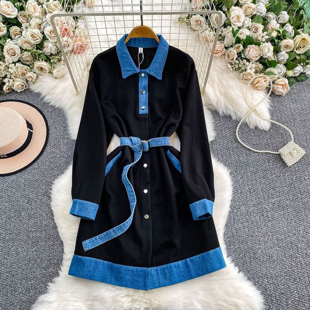 Celebrity Inspired Elegant Patchwork Denim Collared Dress, Perfect For Autumn And Winter, With A Belted Waist And Slit, Midi Length._ecoleips.com