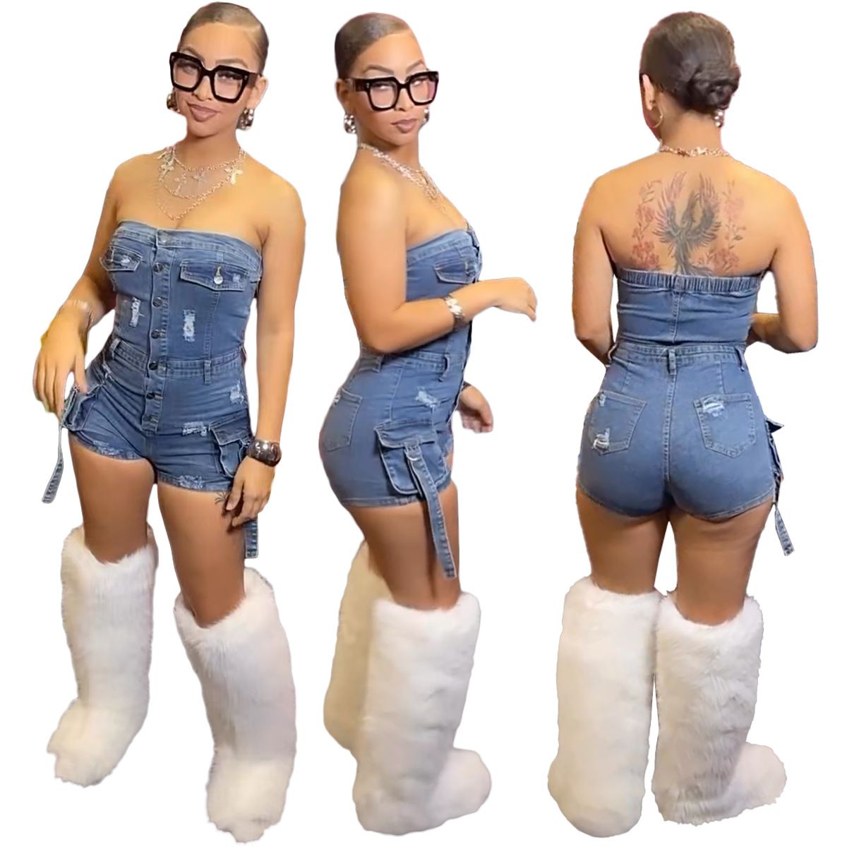 European And American Style Sexy Strapless High Elastic Washed Denim Jumpsuit Three Dimensional Pocket Women's Bottoms_ecoleips.com