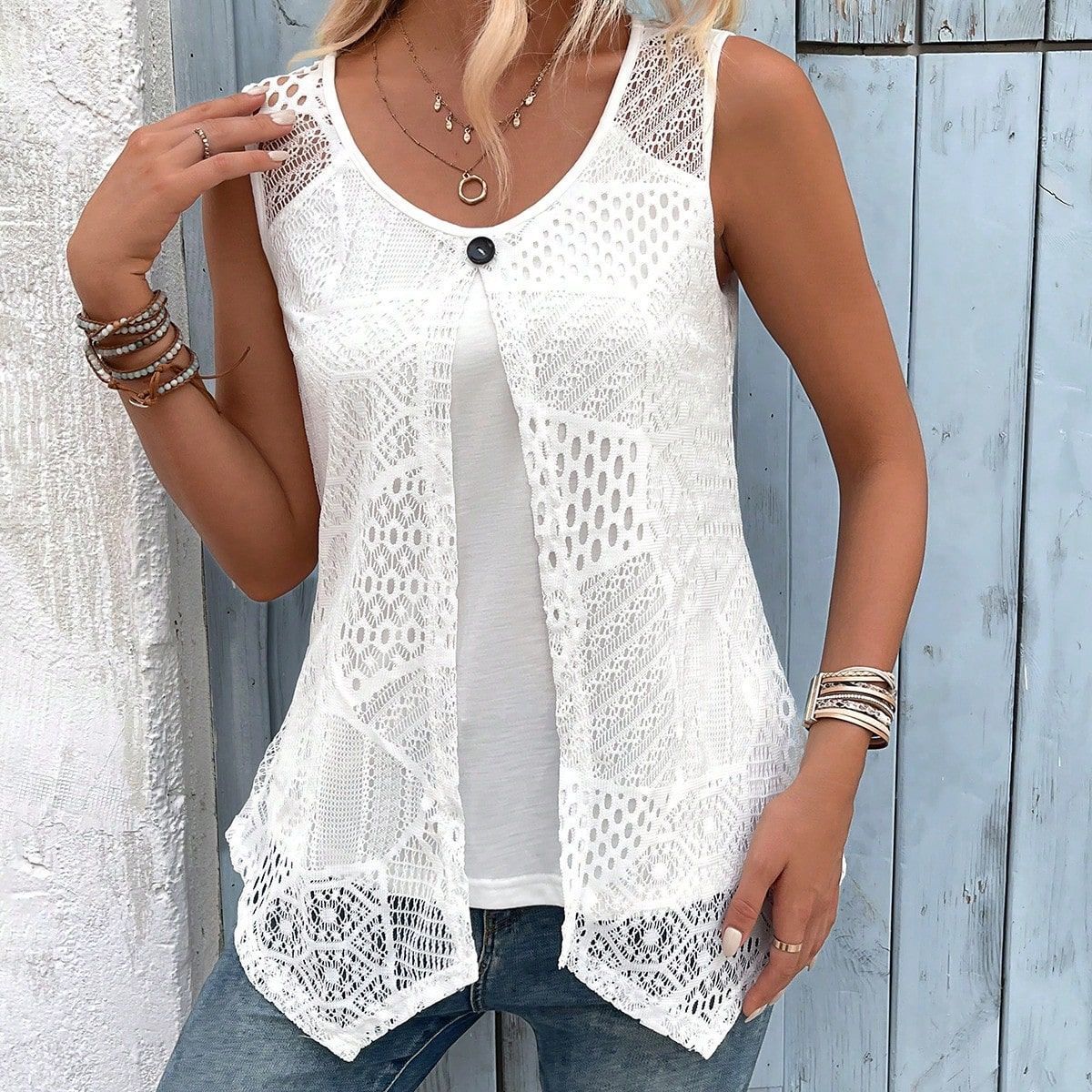 Women's Clothing Vest Decorative Buckle Mesh Sleeveless_ecoleips.com