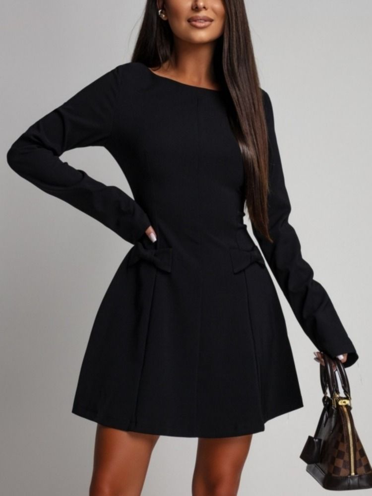 Freeacy Women's Black Mini Dress Round Neck Long Sleeves High Waist Bow Appliqued A-line Short Dress 2025 Stylish Party Dresses_ecoleips.com