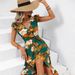 Elegant Floral Split Maxi Dress With V-Neck & Ruffle Sleeves – Lightweight Polyester For Vacation & Beach_ecoleips.com