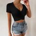 Voya Spring And Summer New Women's Sexy V-neck Slim Fit Ultra Short T-shirt Short Sleeved Knitted Solid Color Top_ecoleips.com