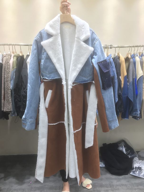 Women's Clothing Street Fashion Coat With Lapel And Waist Tie Long Denim Splicing Lamb Wool Contrast Color Trench Coat_ecoleips.com