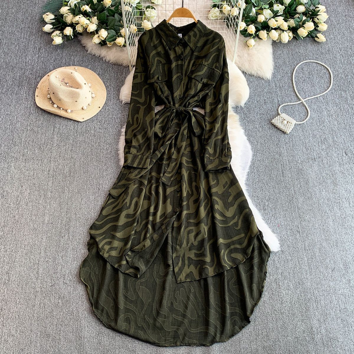 Women's French Style Retro Print Collared Shirt Dress with Tie Waist Asymmetrical Long Skirt Design for Spring And Autumn_ecoleips.com