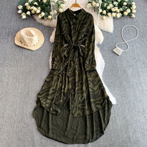 Women's French Style Retro Print Collared Shirt Dress with Tie Waist Asymmetrical Long Skirt Design for Spring And Autumn_ecoleips.com