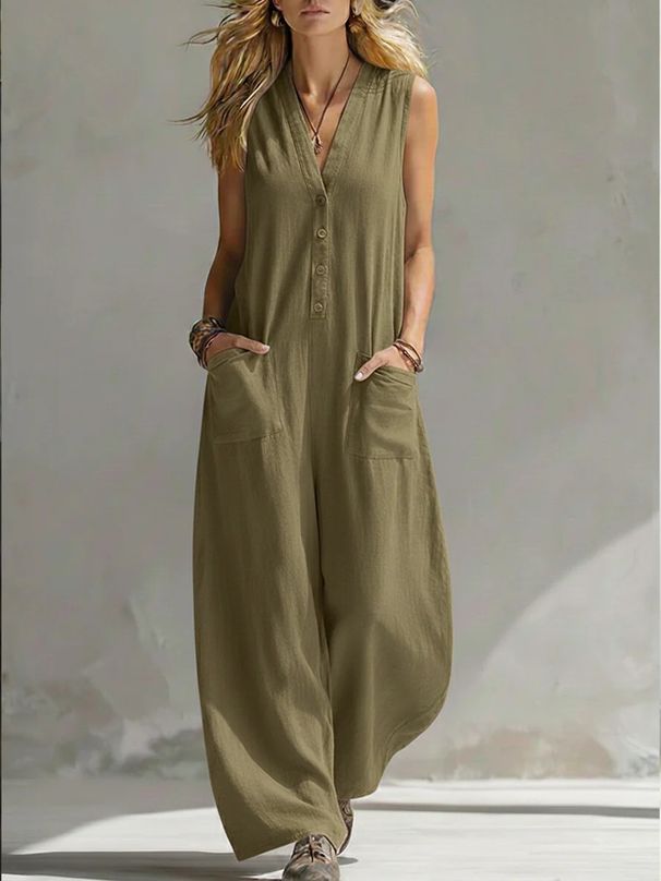 Women's Clothing Spring/Summer Women's Casual Linen Cotton Jumpsuit Sleeveless V-Neck Solid Color For Formal & Casual For Women_ecoleips.com