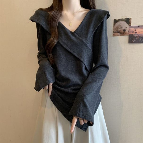 Plus-Size Women's Clothing, Tummy-Covering Vintage V-Neck Irregular Long-Sleeve Shirt Women, Autumn Winter, Slimming And_ecoleips.com