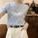 Women's French Style Rhinestone Knit T-Shirt Round Neck Short Sleeve Puff Sleeve Hollowed Out Pattern Heavy Duty New Summer Top_ecoleips.com