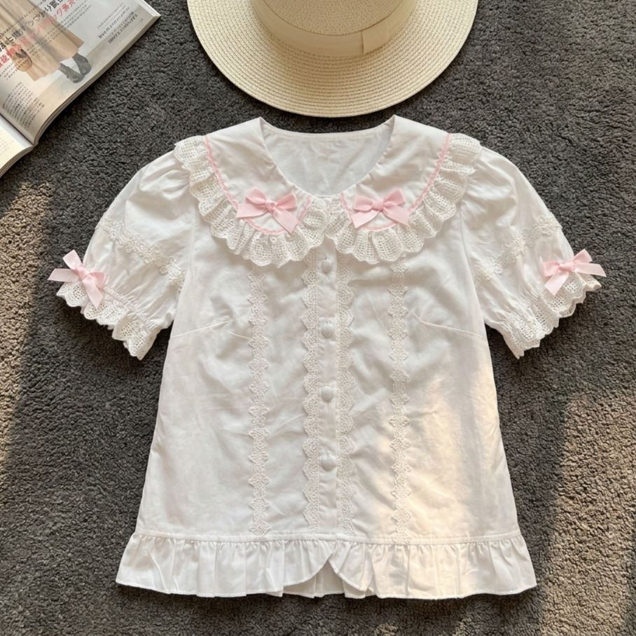 Women's Cute Peter Pan Collar Short Shirt Summer Top White Short Sleeved Inner Layer Lolita Style Clothing_ecoleips.com