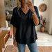 New Women's V Neck Pullover Short Sleeve Shirt Loose Fit Casual Top American_ecoleips.com