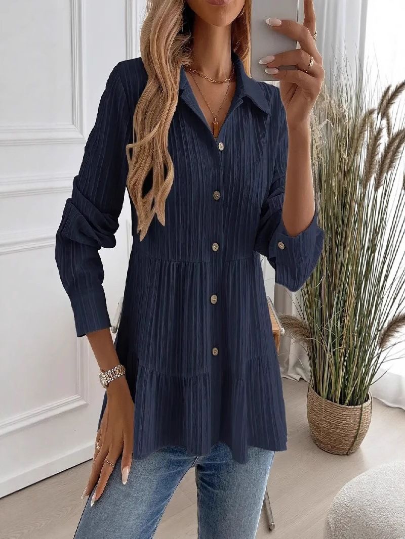 "Textured Long Sleeve Button-Down Shirt For Women – Solid Color Casual Top, Euro-American Style, Autumn & Winter Essential"_ecoleips.com