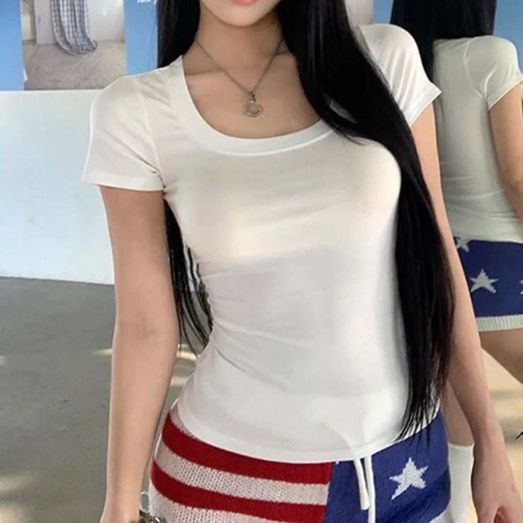 Skinny Short-sleeved T-shirt Women's Front Shoulders Big U-neck Exposed Collarbone Casual Versatile And Thin Short Top Spice Girl Sexy T-shirt_ecoleips.com