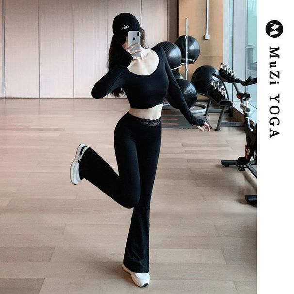MUZI New V-neck Crossed Long Sleeve Sports T-shirt Yoga For Women With Lace Butt-lifting Flared Pants Two-piece Set_ecoleips.com