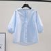 Women's Clothing Sleeve Cotton Shirt Women's Loose Design Casual Shirt Summer Literary Style Light Blue Top_ecoleips.com