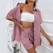 Popular Fashion Elegant Casual Women's Two Solid Color Shirt Set Loose Short Sleeve Single Break_ecoleips.com