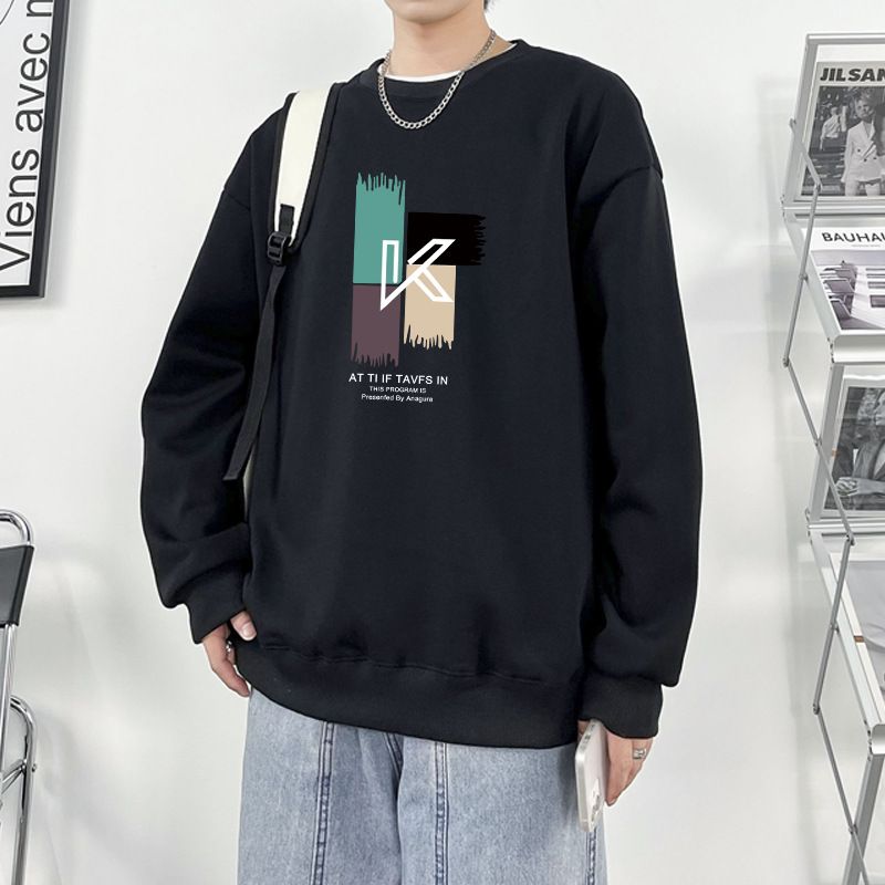 Men's Fleece Lined Crew Neck Sweatshirt Long Sleeve Thick T-Shirt Autumn Winter Hong Kong Style 2023 New Arrival_ecoleips.com