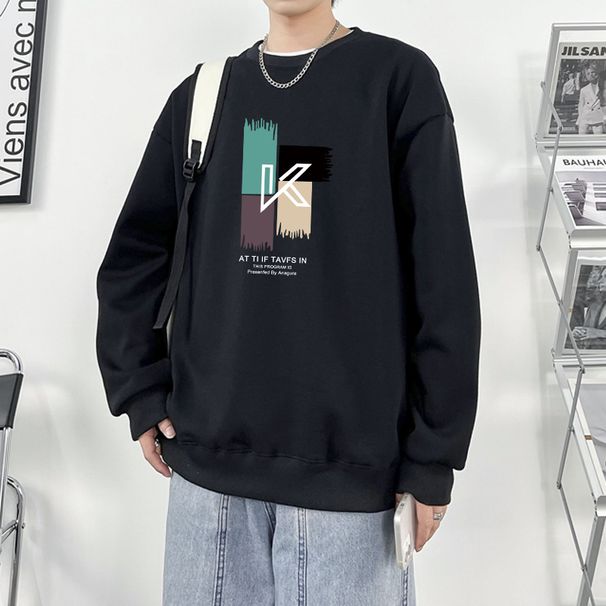 Men's Fleece Lined Crew Neck Sweatshirt Long Sleeve Thick T-Shirt Autumn Winter Hong Kong Style 2023 New Arrival_ecoleips.com
