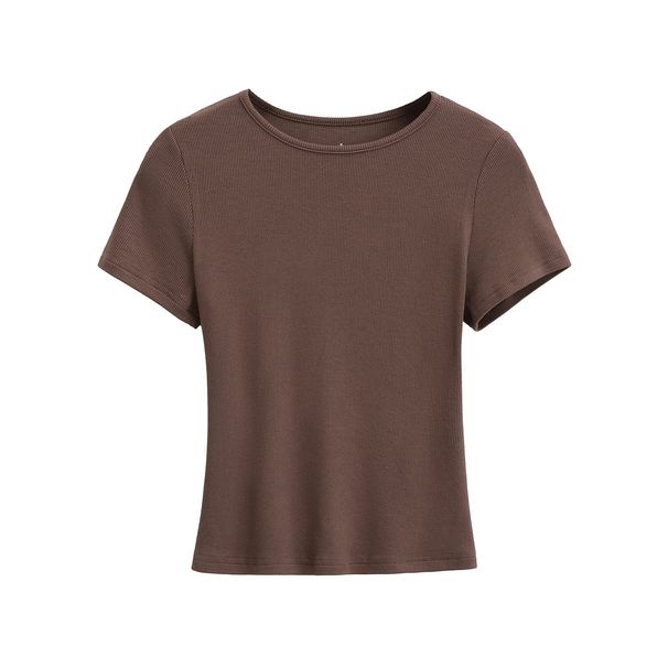 Women's Clothing Solid Color Round Neck Tight Short Sleeve Top Female Slim Thread T Shirt_ecoleips.com