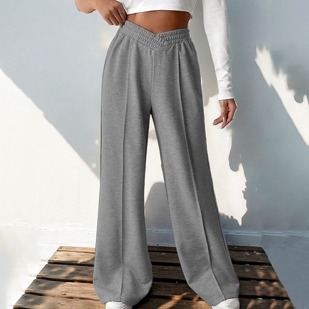 Women Wide Leg Pants High Waist Spliced Loose Fit Ankle Length Pant Pockets Solid Basics Slight Strech Elastic Waist_ecoleips.com