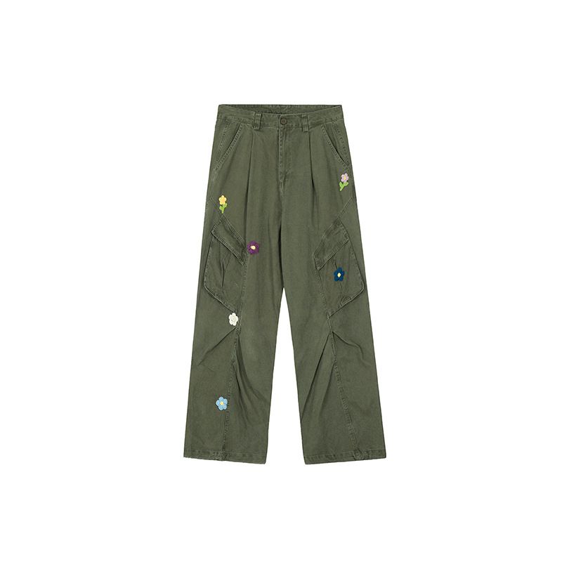 American Military Green Embroidered Work Pants For Men And Women, Pleated Multi Pocket Loose Casual Straight Leg Couple_ecoleips.com