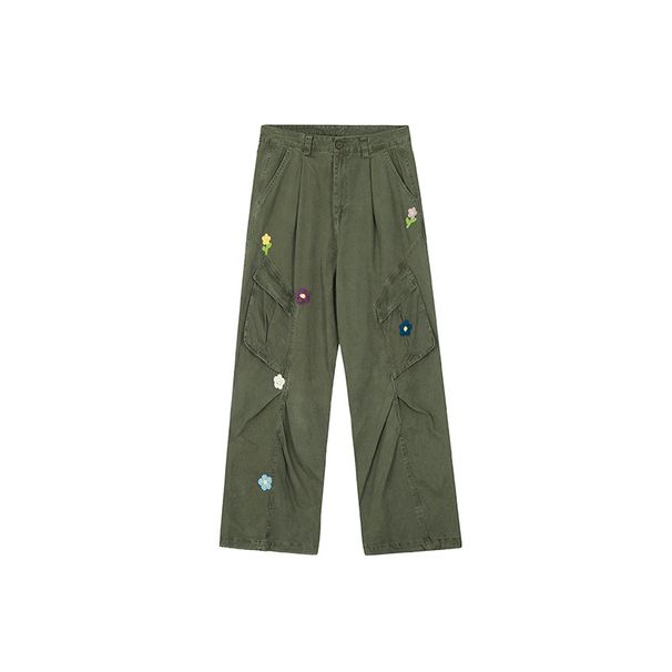 American Military Green Embroidered Work Pants For Men And Women, Pleated Multi Pocket Loose Casual Straight Leg Couple_ecoleips.com
