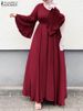 ZANZEA Women Muslim Maxi Dress Solid Color O-Neck Long Sleeve Turkish Abaya Robe Fashion Casual Elegant Party Oversized Vestidos_ecoleips.com