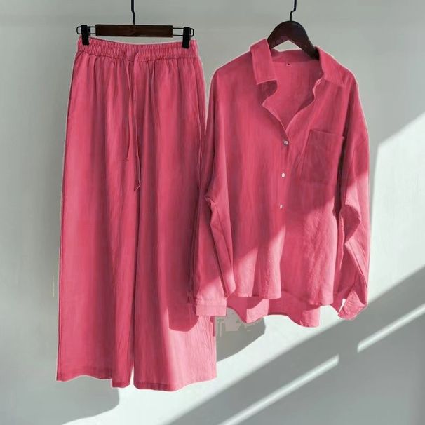 Women's Clothing 2 Piece Set Retro Cotton And Linen Shirt Set High Waist Loose Trousers Set_ecoleips.com