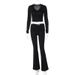 AYJ24T065--Women's High-End V-Neck Lace Crop Top Set Long Sleeve Sexy Pants_ecoleips.com