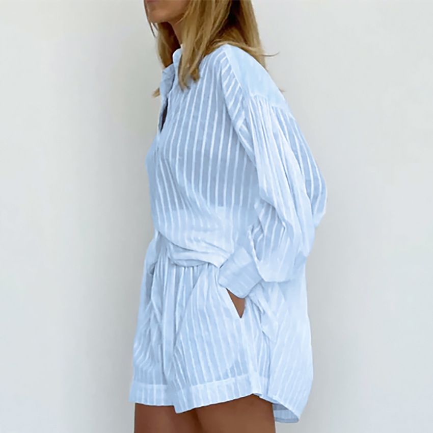 Women's Clothing temperament shirt jacquard striped puff sleeve shorts commuting design casual suit_ecoleips.com
