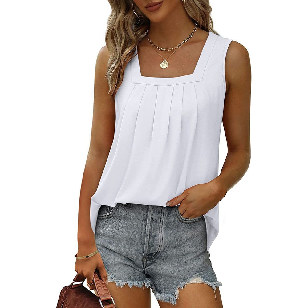 2024 New Hot-Selling European And American Women's Fashion Ruched Square Neck Sleeveless Swallowtail Tank_ecoleips.com