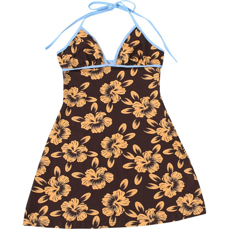 Absobe Women Hawaiian Floral Print Halter Mini Dress V Neck Contrast Trim Bodycon Slim Backless Vacation Beach Streetwear 2026_ecoleips.com