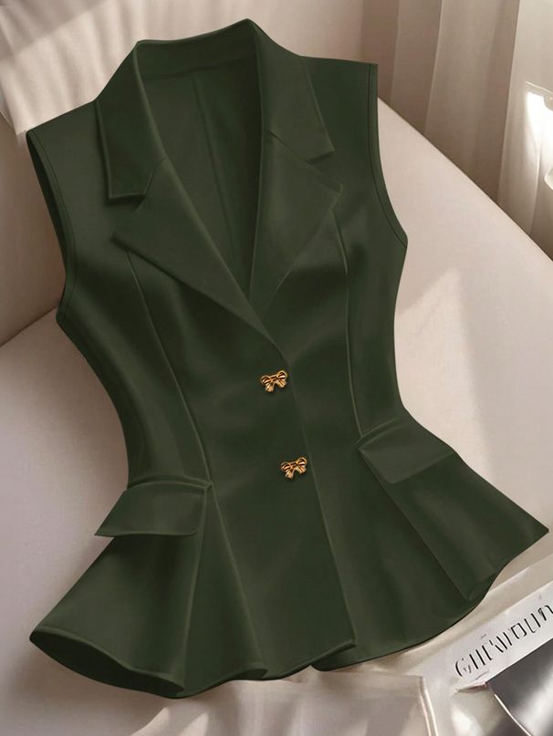 Women's Slim Fit Vest European American Style Suit Collar Double Breasted Bow Solid Color Gold Buttons Ruffled Hem Commuter Jacket_ecoleips.com