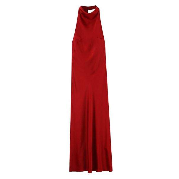 Women's Satin Halter Neck Maxi Dress – High-Waisted Backless Evening Gown With Slit, Stretch Polyester For Clubwear & Vacation (Red/Black)_ecoleips.com