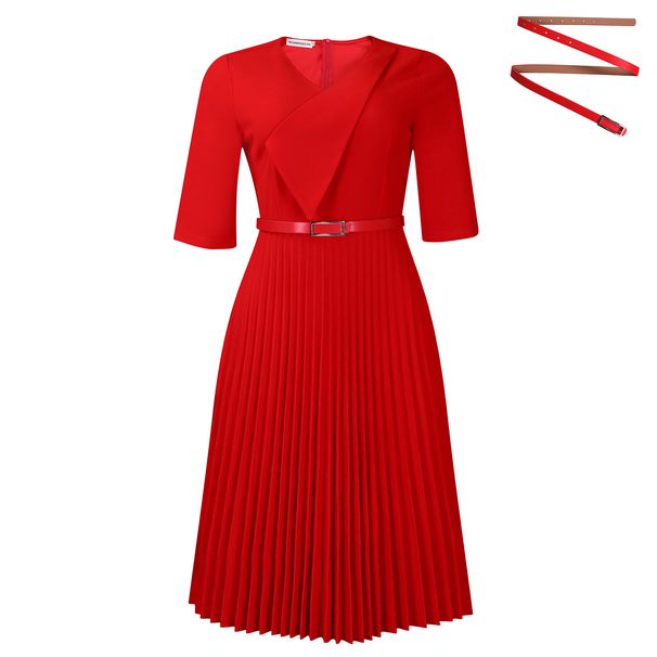 Elegant V-Neck Pleated A-Line Midi Dress For Women - Stylish High Waist Flowy Dress With Belt, Polyester Blend, Office & Casual Wear (S-XXXL)_ecoleips.com