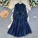 Spring Autumn 2027 High Quality Fashion European-USA Style Women High-End Elegant Lapel Single-Breasted Waist-Cinching Pocket Denim A-Line Dress_ecoleips.com
