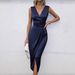 Women's Clothing Elegant V-Neck Satin Slit Dress – Stretch Fit Party Midi Dress (Navy Blue, S-XL)_ecoleips.com
