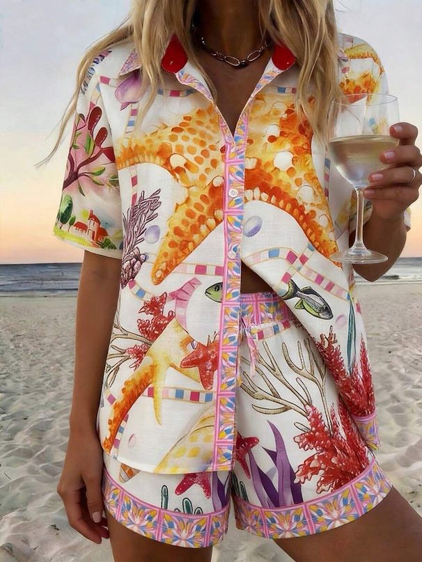 Women's Vacation Style Short Sleeve Shirt And Shorts Set, Tropical Print Collared Button Down Top With Matching Bottoms, Summer Casual Outfit_ecoleips.com