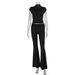 Slim Fit High Neck Short Sleeve Top And Low Waisted Flare Pants Women's Fashion Two Piece Set Solid Color Style_ecoleips.com