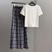 Women's Korean Style Summer Short Sleeve T-Shirt & Plaid Wide Leg Pants 2-Piece Set | Loose Fit Casual Outfit | Trendy Comfort Jogger Set_ecoleips.com