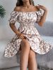 Women's Clothing Spring And Summer Floral Square Neck Short Sleeve Waist Ruffled A Line Skirt_ecoleips.com
