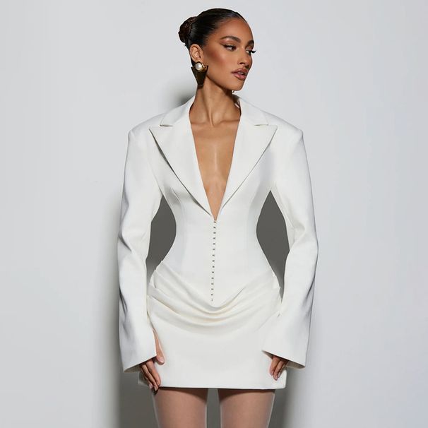 Women's Clothing V-Neck Blazer Dress – Slim Fit, Waist-Defining & Office-to-Evening Elegance (S-L, Multiple Colors, 2025 Fall/Winter Collection)_ecoleips.com