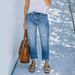 Women's Distressed Light Blue Cropped Straight Leg Denim Jeans Casual Cotton Fashion Comfortable Outerwear_ecoleips.com