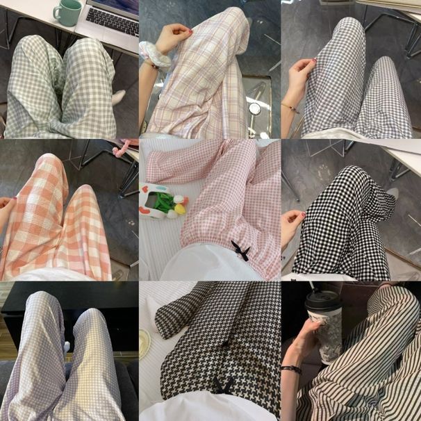Comfortable Stripe Plaid Casual Pants Women High Waist Pajamas Girls’ Sleepwear Nightwear Wide Leg Baggy Home Pajama Students_ecoleips.com
