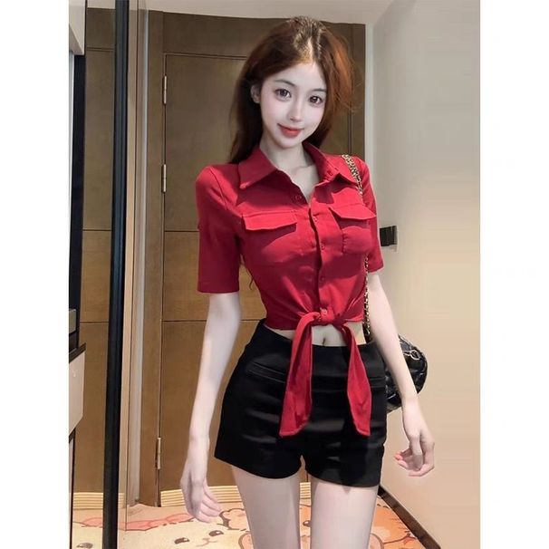 2025 Pure Desire Hot Girl Style Short Sleeve Shirt For Women, New Summer Red Slim-Fit Tie-Up Top_ecoleips.com