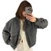 Women's Herringbone Stand Collar Jacket European American Style Zip Up Top With Pockets Loose Wool Coat Autumn Winter_ecoleips.com