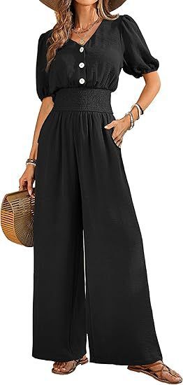 K Women's Jumpsuit Buttoned Short Sleeved V-neck Neck Pleated Jumpsuit Casual Wide Leg Pants_ecoleips.com