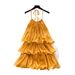 Women's Yellow Dress French Style Halter Neck Suspender Ruffle Patchwork Cake Style Short Summer 2025_ecoleips.com